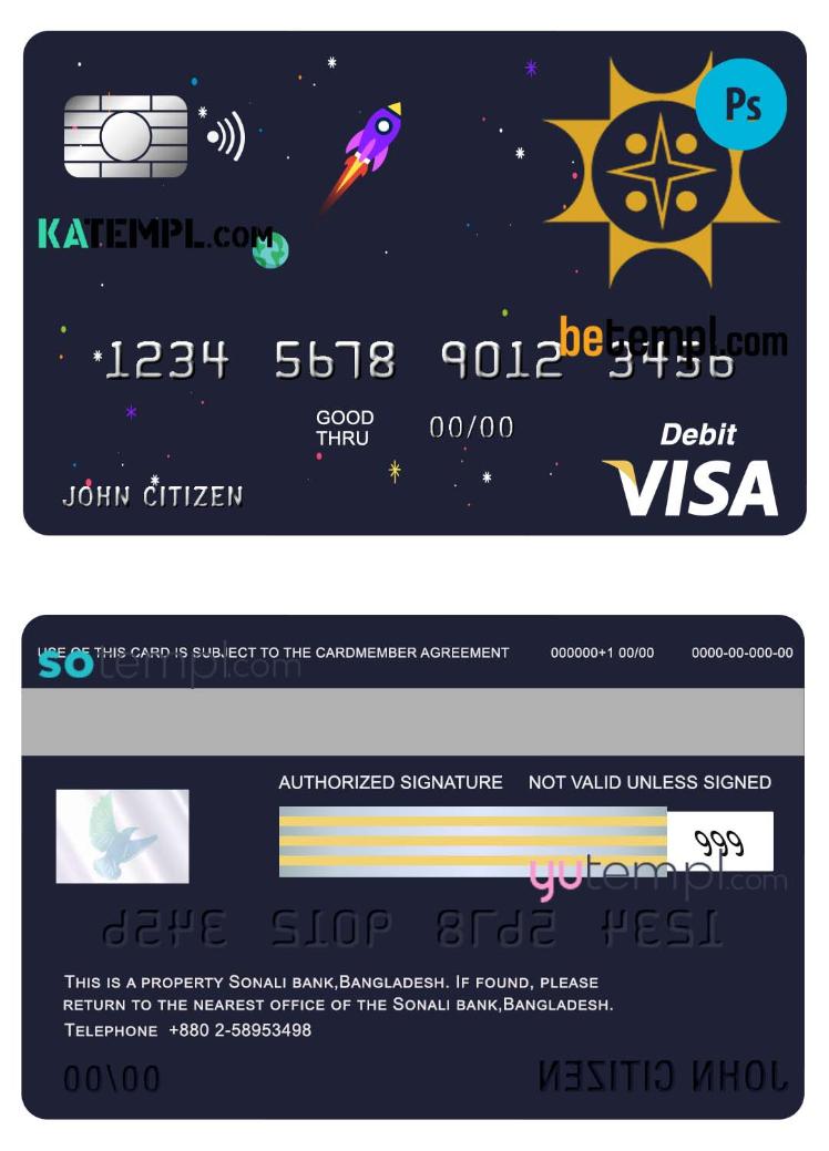 Bangladesh Sonali Bank visa card debit card template in PSD format, fully editable